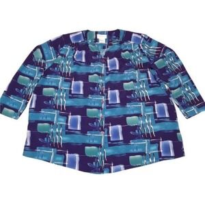 VTG Sue Brett Collection Blouse Womens 1X Blue Teal Abstract Geometric Retro 90s